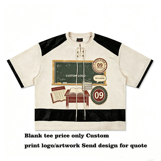 Wholesale Color Matched Patchwork Eye Catching Short Sleeved Men's T Shirt with Loose Fit Drawstring Collar for Ice Hockey Sport