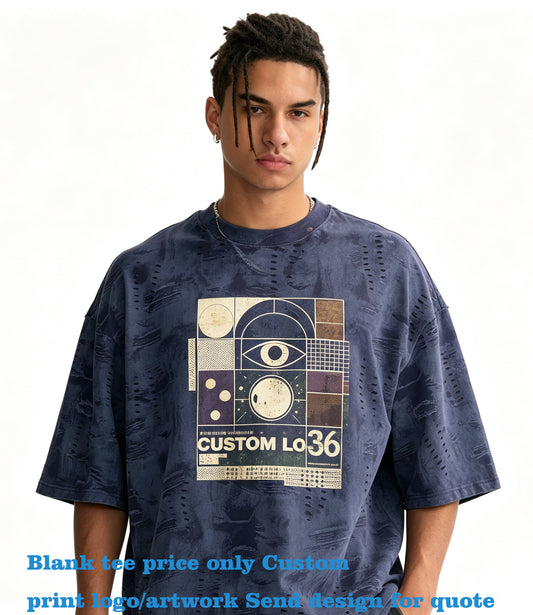 Couture Worn Out Denim Style Boxy Men's T Shirt Thick Pure Cotton Denim Texture Men's Short Sleeve Shirt Personalized Design