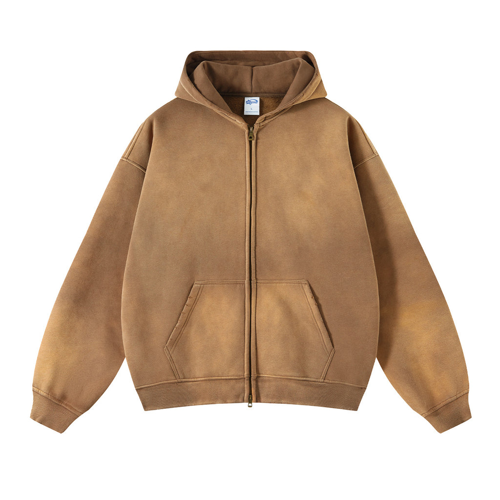 Custom logo Hoodies High Quality Vintage Waxing Printing Full Zip Streetwear Fashion Drop Shoulder Hoodies Set Bulk Wholesale