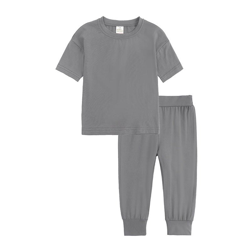 Suit Tshirt 100 Cotton Blanc 7 Color Children Two Piece Short Sleeved T Shirt and Pants Multiple Processes to Choose From Suit