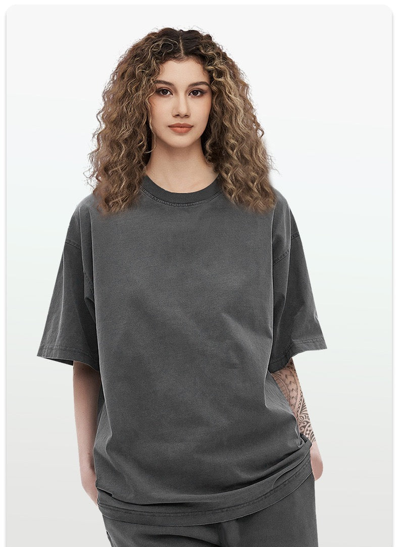 Custom logo Vintage 100% Cotton Washed Pure Color Blank Unisex High Quality Streetwear Black Drop Shoulder Round Neck T-shirts