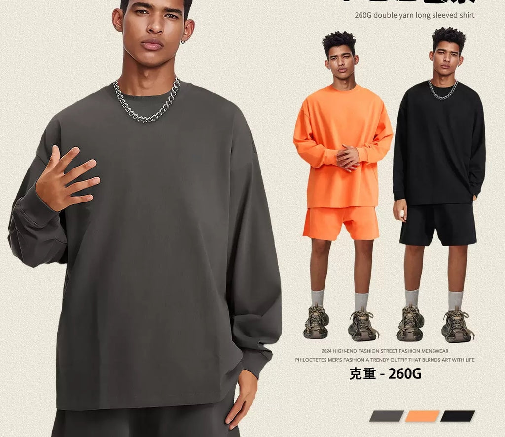 Heavyweight Tshirts Boxy Streetwear Loose High Quality Cotton Long Sleeve Custom Puff Printing Wholesale Men's T-shirts