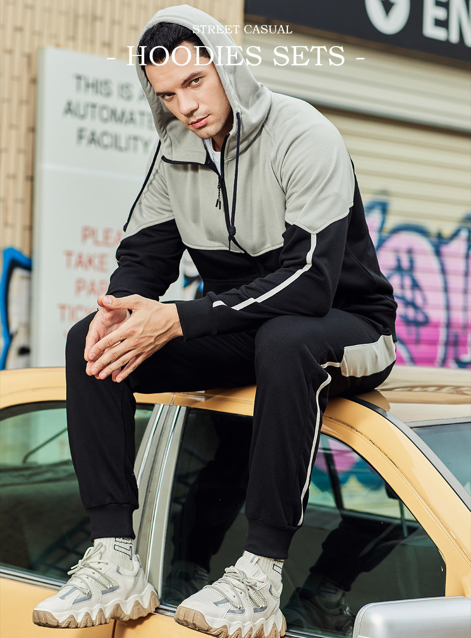 Sweatpants and Hoodie Set High Quality Polyester Custom Zip up Color Clashing Screen Printed Hoodies Men Streetwear