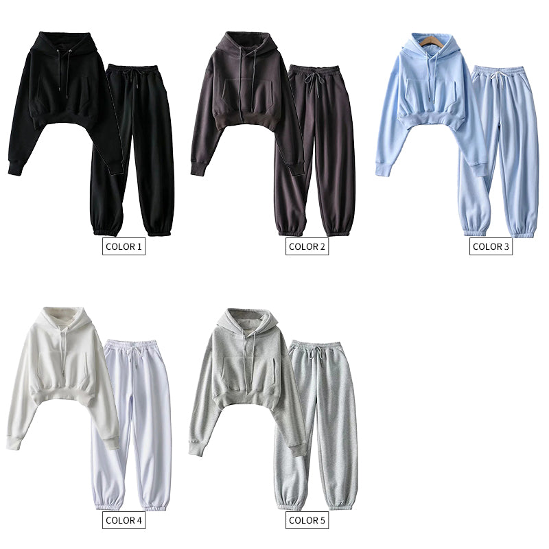 Short Hoodies Loose Fleece High Quality Blanks Pullover Crop Top Streetwear Customized 100% Cotton Sweatpants and Hoodie Set