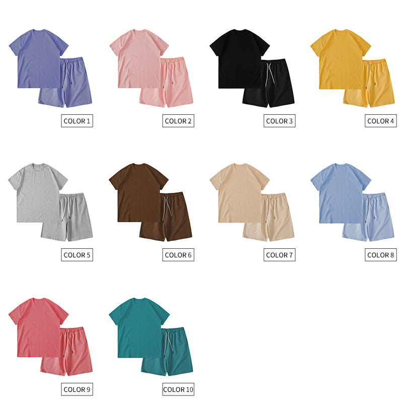 High Quality T-shirt and Shorts Blank Custom logo Multi Color Heavy Coton Suit O-neck Heavyweight Wholesale Children's T-shirt