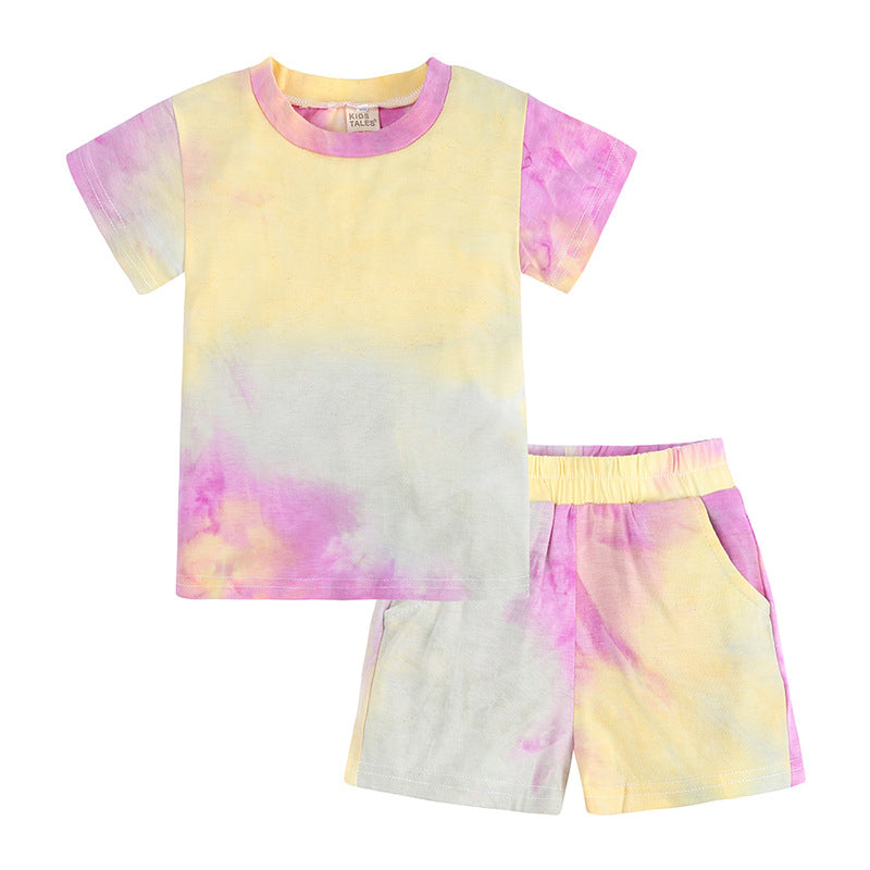 Custom logo Tshirt and Shorts Streetwear Tie Dye Multi Color Fashion New Design High Quality Blank Children's T-shirt Suit