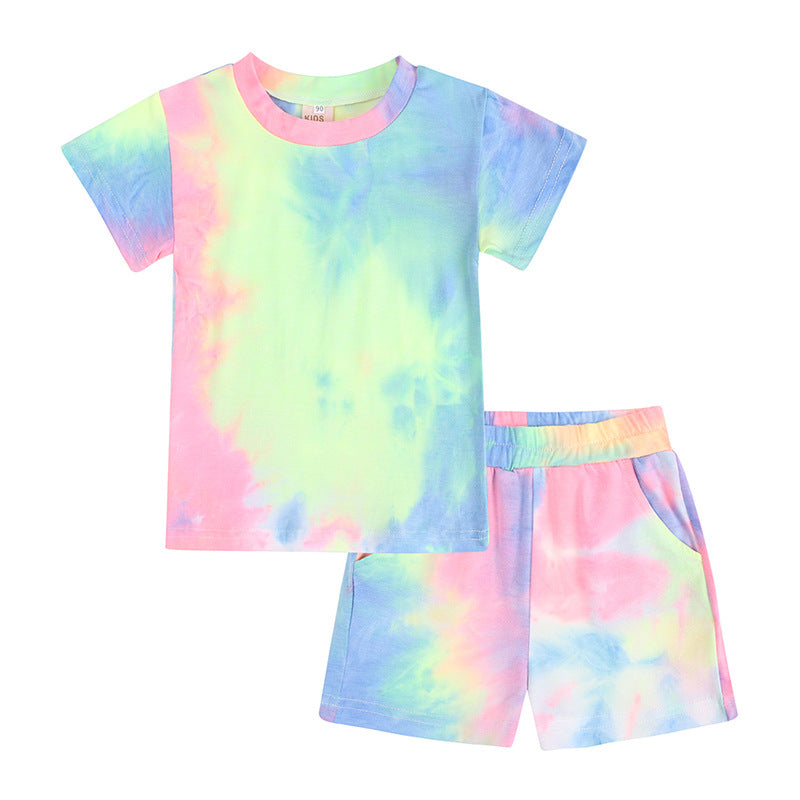 Custom logo Tshirt and Shorts Streetwear Tie Dye Multi Color Fashion New Design High Quality Blank Children's T-shirt Suit