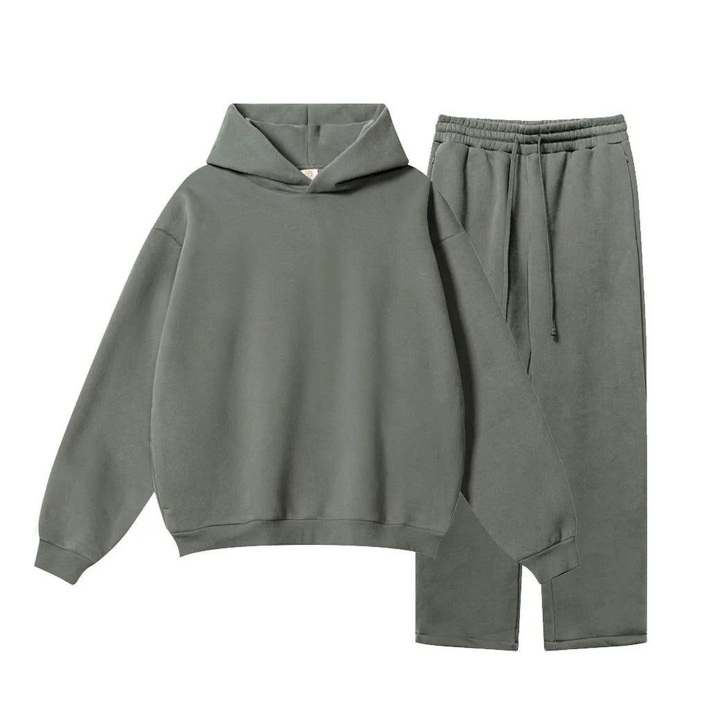 Wholesale 350 Grams Thermal Fleece Hoodie and Sweatpants Sets Custom Men's Streetwear No String Hoodie Set