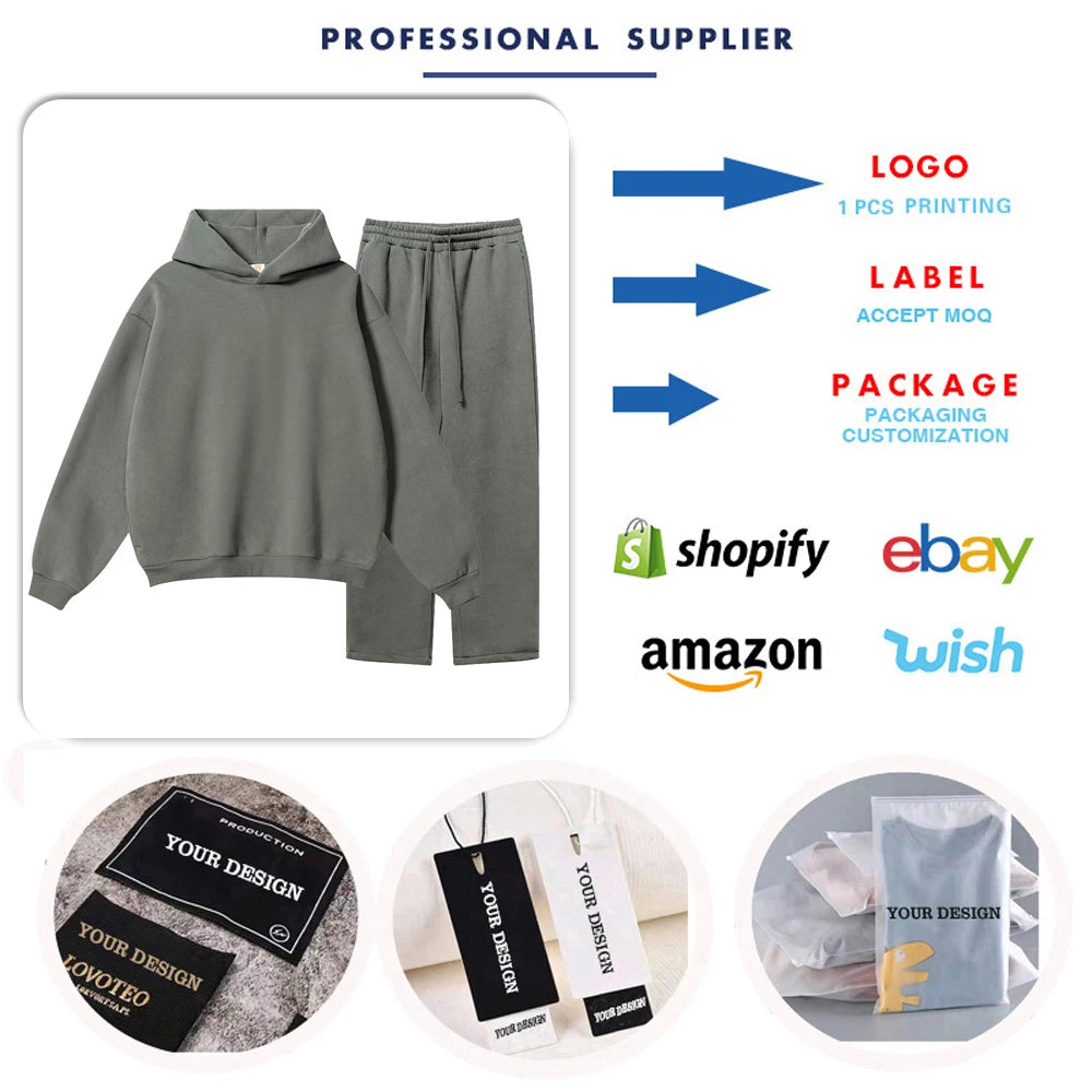 Wholesale 350 Grams Thermal Fleece Hoodie and Sweatpants Sets Custom Men's Streetwear No String Hoodie Set