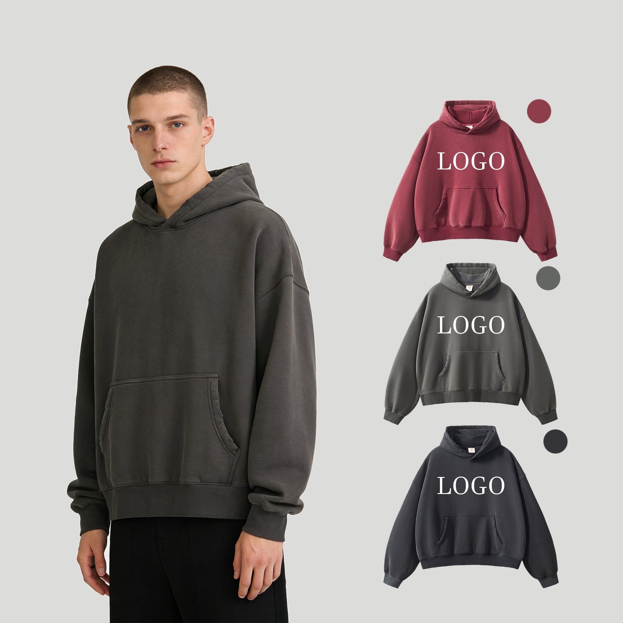 Boxy Fleece Heavyweight Blank Custom Puff Printing Oversized Wireless High Quality Streetwear Men's Hoodies Bulk Wholesale