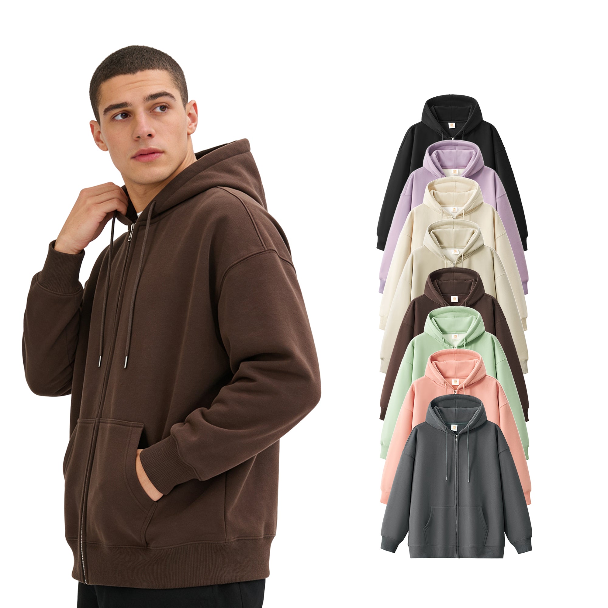 Wholesale High Quality Custom Zip up Fleece High Quality Loose Drop Shoulder Puff Printing Unisex Oversized Blank Hoodie
