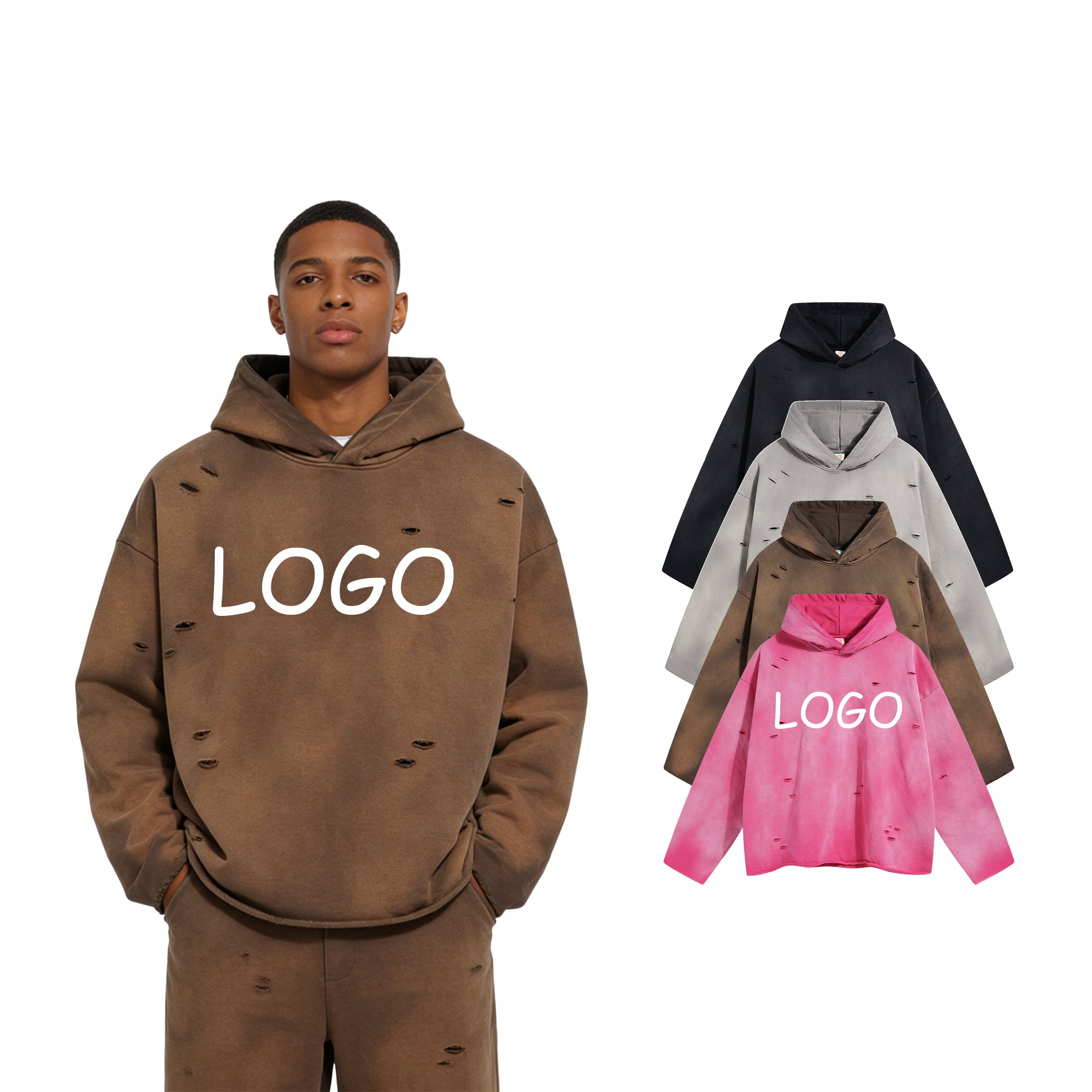 450G Heavyweight Blank Pullover Irregular Broken Vintage Streetwear Distressed Embroidery High Quality Winter Hoodies Men