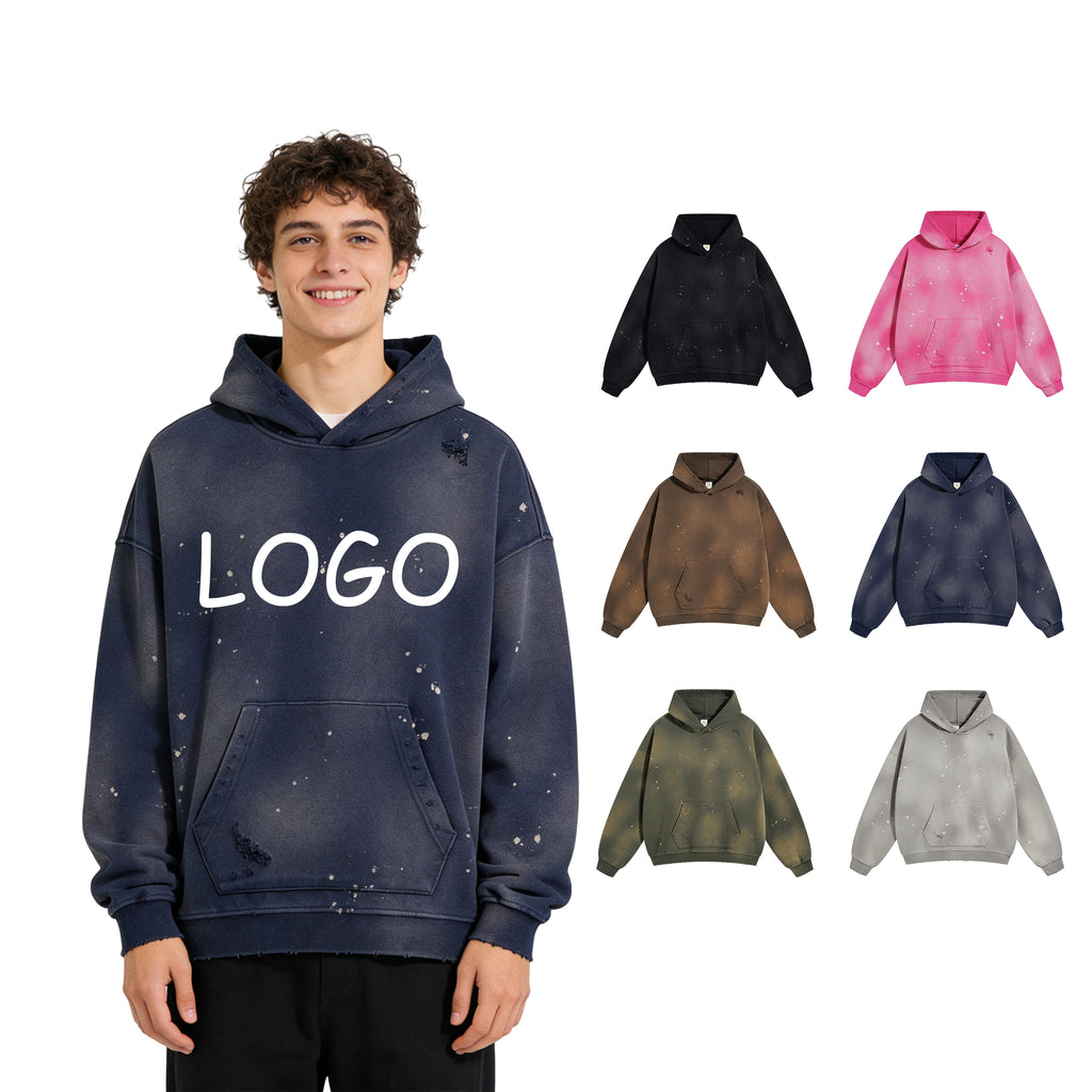 Wholesale Custom Wax Printing Heavyweight Broken Screen Printed Drop Shoulder Streetwear High Quality Men's Hoodies