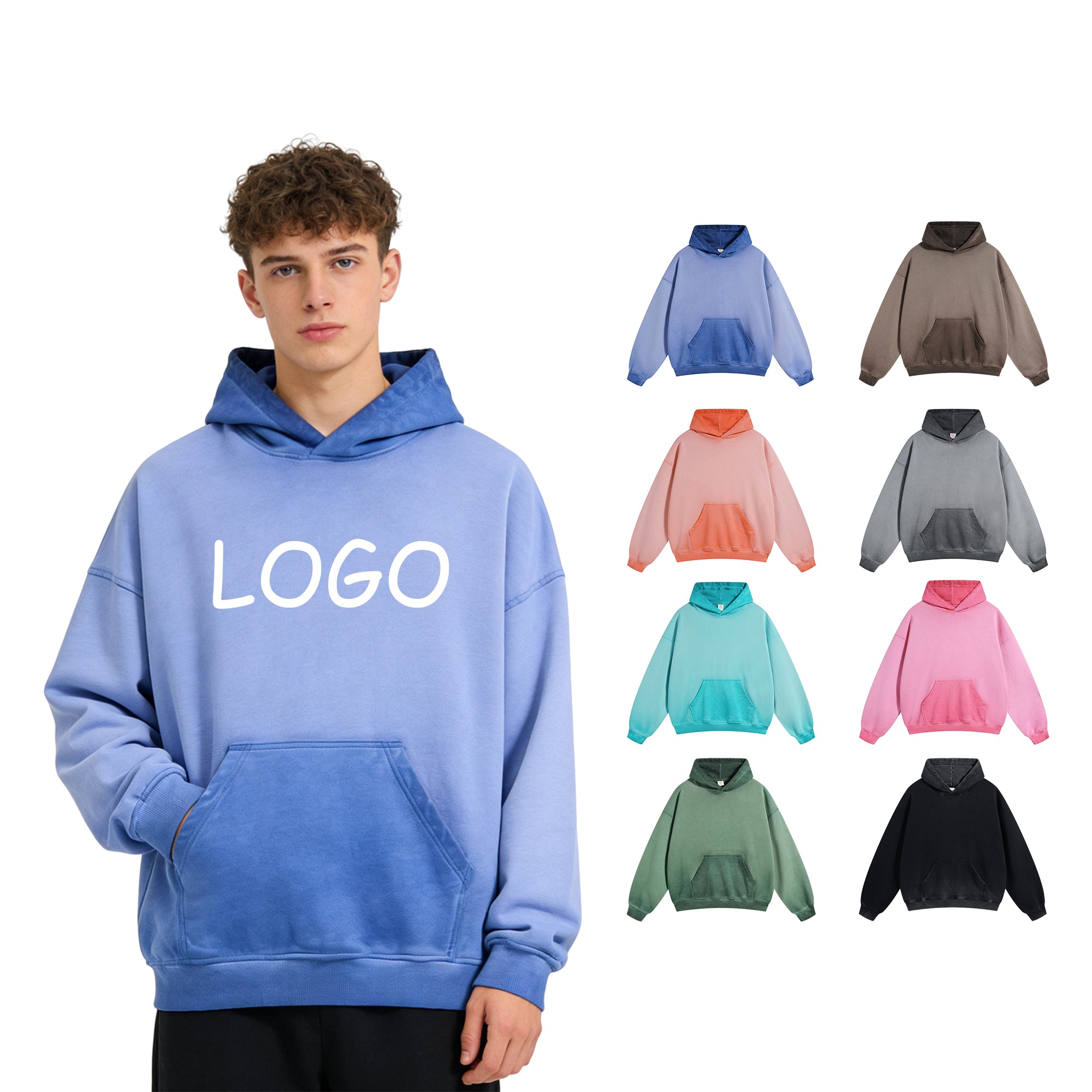 430G Heavyweight 100% Cotton Sublimation Distressed Embroidery Drop Shoulder French Terry Acid Wash Fashion Hoodie