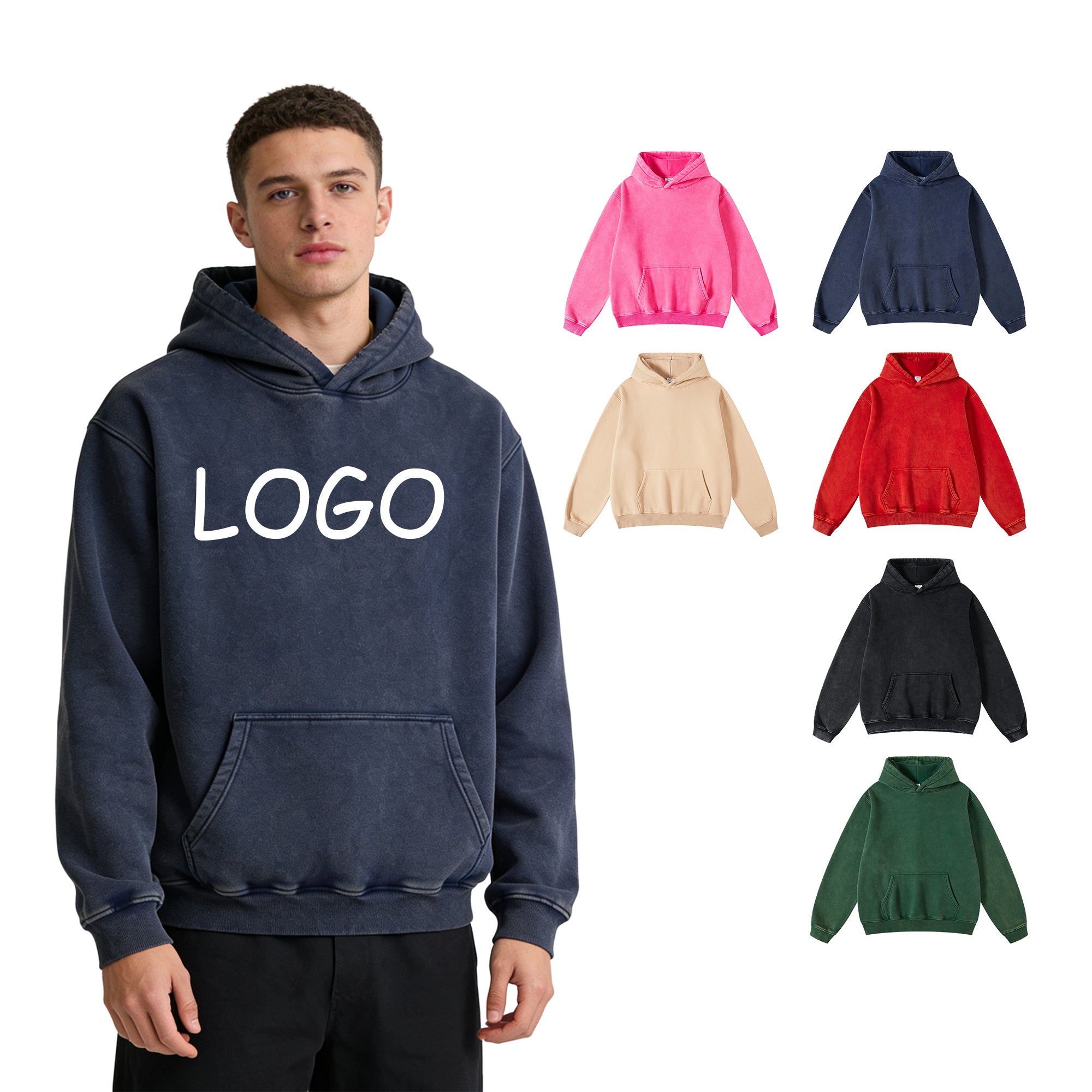 350G Heavyweight Vintage Fleece Streetwear High Quality Oversized Washed Wireless Solid Custom Puff Print Fashion Hoodie
