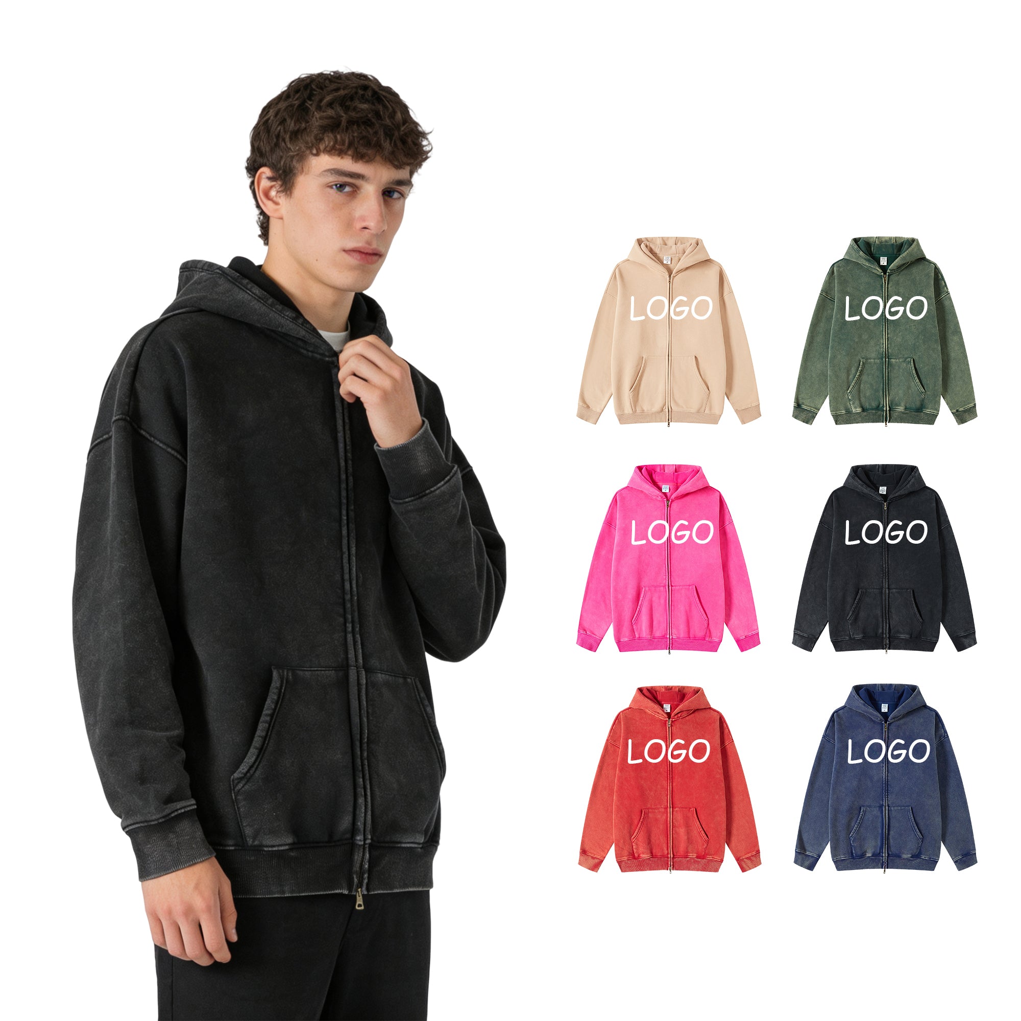 Wholesale Custom Zip up Wax Printing Wireless Streetwear High Quality Polyetser and Cotton Hoodie Manufacturers