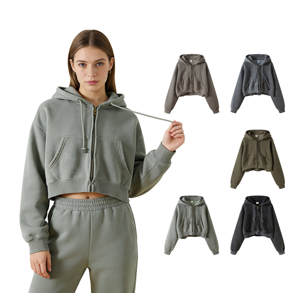 Custom Acid Wash Hoodie Streetwear Fashion Crop Top Short Style Blank Full Zip High Quality Women's Hoodies Sweatshirts