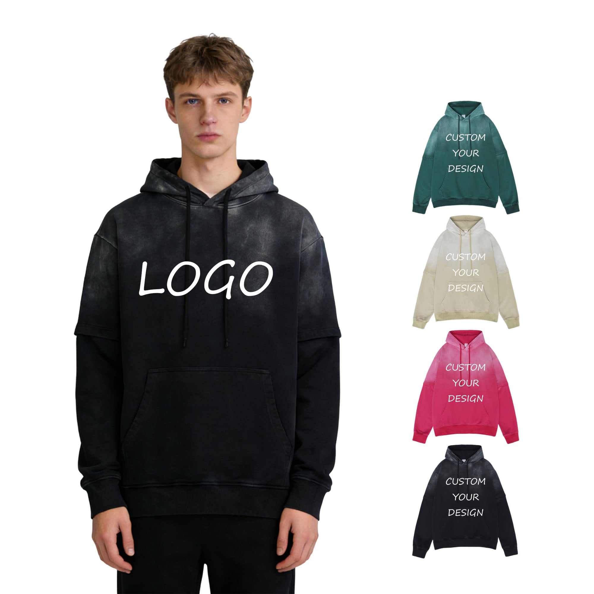 Oversized Custom French Terry Acid Wash Streetwear High Quality Puff Printing Blank Pullover Men's Heavyweight Hoodies
