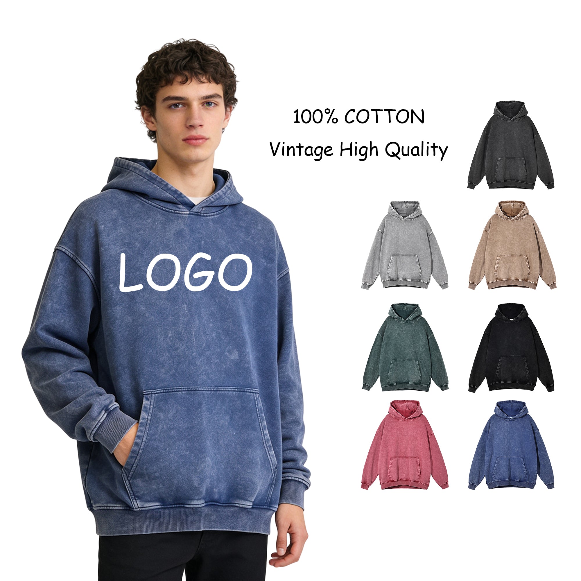 100% Cotton Vintage Waxing Priting High Quality Long Sleeve Custom Washed Wireless Streetwear Oversized Wholesale Hoodies