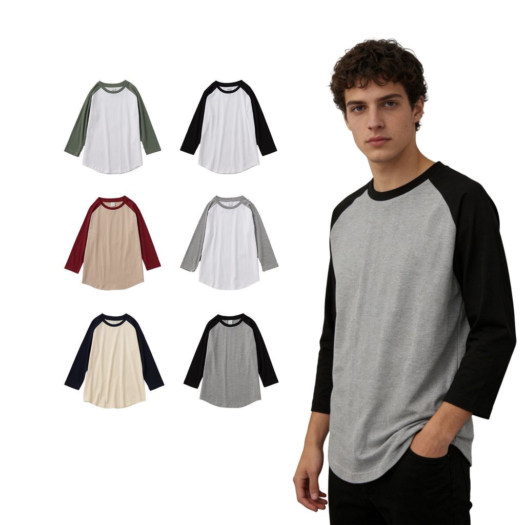 Manufacturer t Shirts Blanks Custom Color-blocked Raglan Sleeves Drop Shoulder 3/4 Length Sleeve High Quality t Shirt