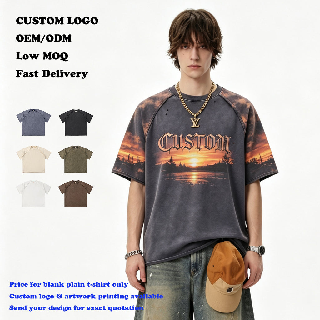 Hot Sell Custom T-shirt Men's Summer New Design High Quality Vintage Ralgan Short Sleeve Heavyweight Broken Patchwork T-shirts