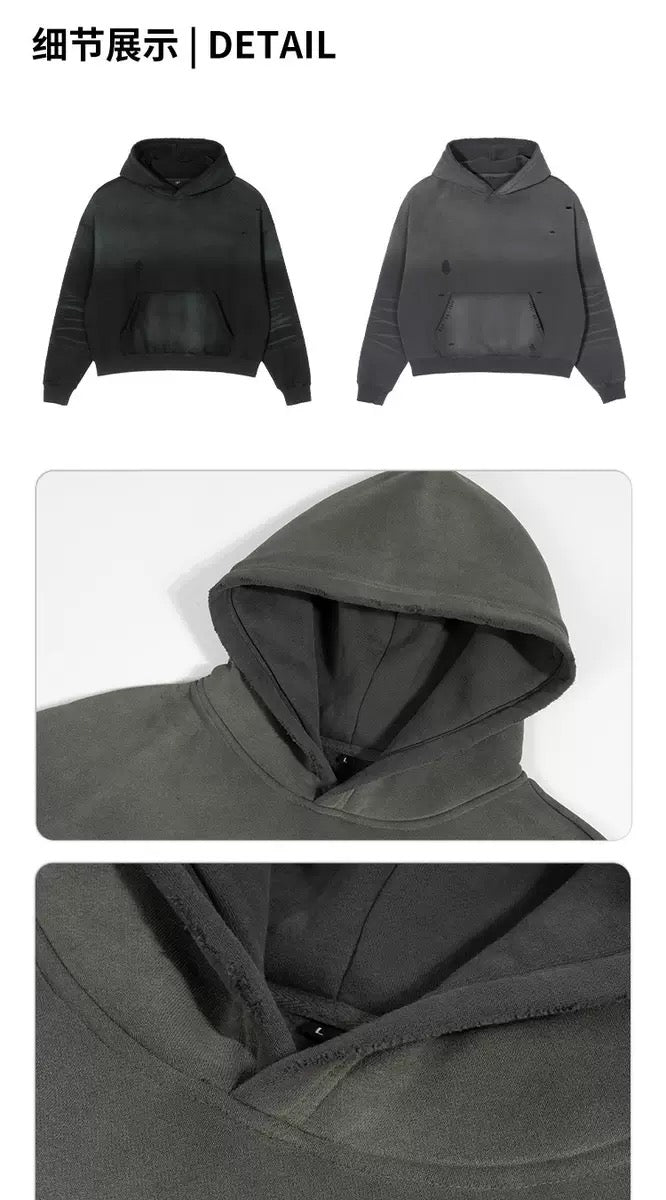 370G Heavyweight Fleece Oversized Washed Gradient Color Distressed Embroidery Custom logo Streetwear Hoodies