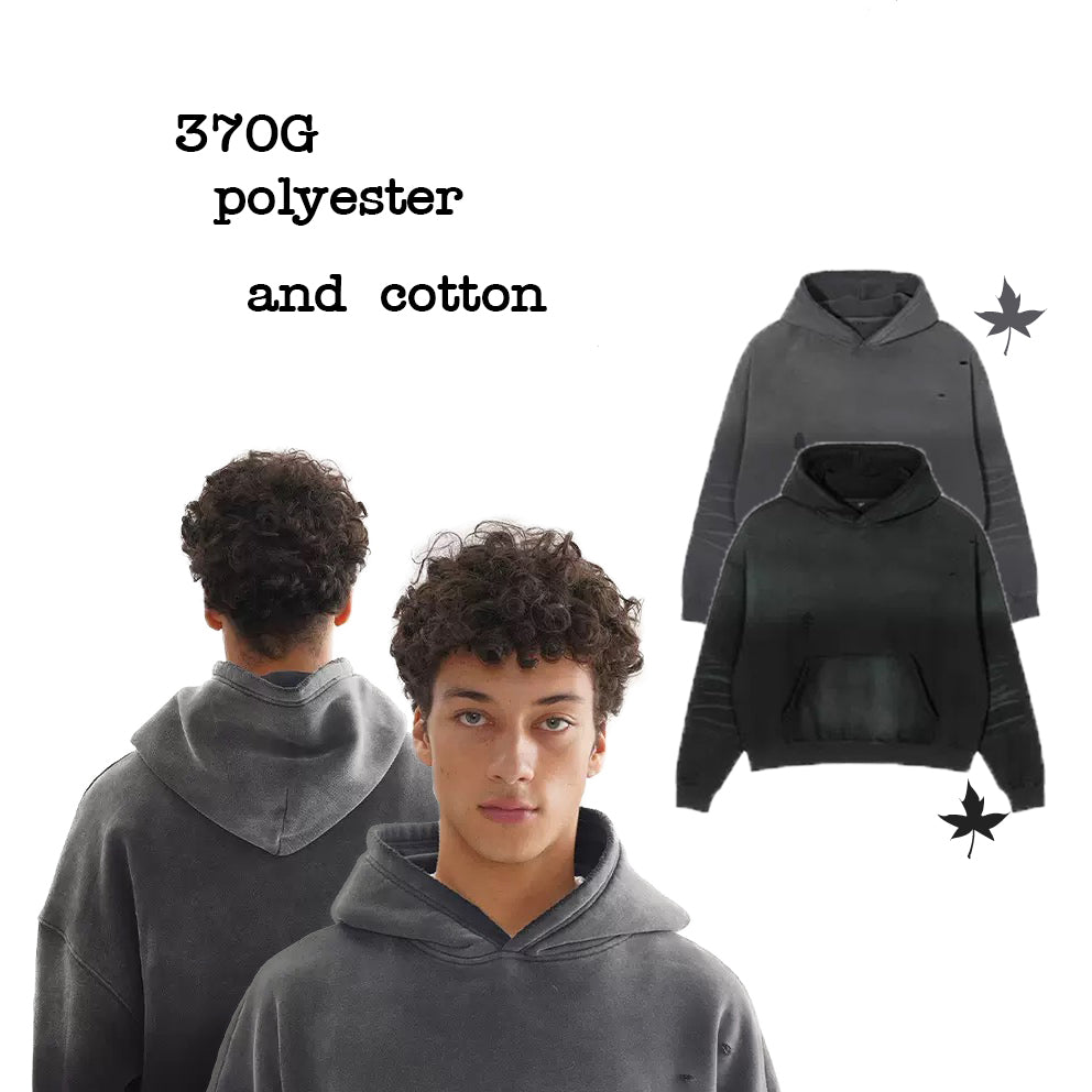370G Heavyweight Fleece Oversized Washed Gradient Color Distressed Embroidery Custom logo Streetwear Hoodies
