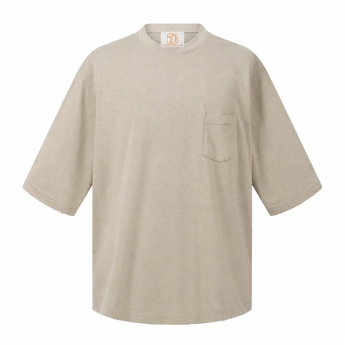 T Shirt 100% Cotton Washing Water Five Quarter Sleeve t Shirt with Frayed Edges and Pocket Short Sleeve for Men Free Sample