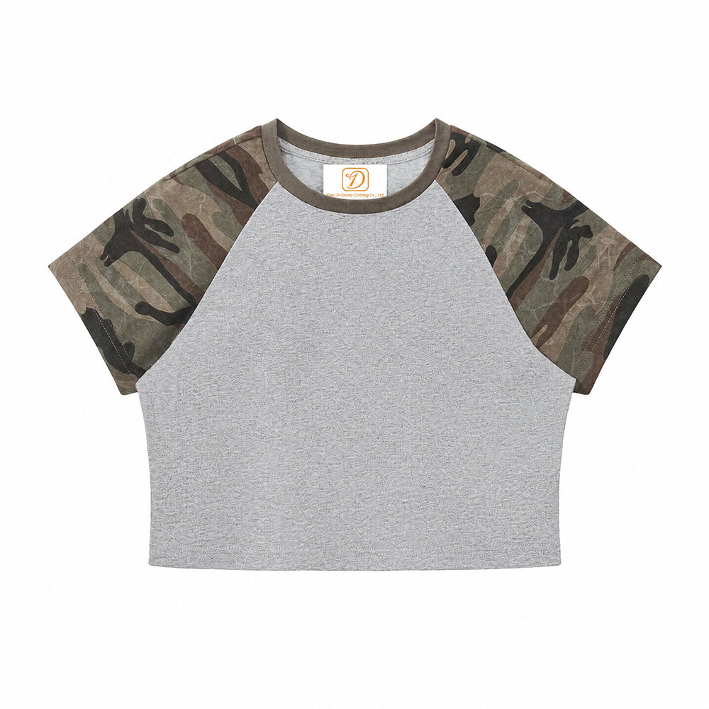 210G Hot Girl Camouflage Sleeved Short Sleeved t Shirt for Women Fitted Color Matching Design Short Style Bare Chest Design