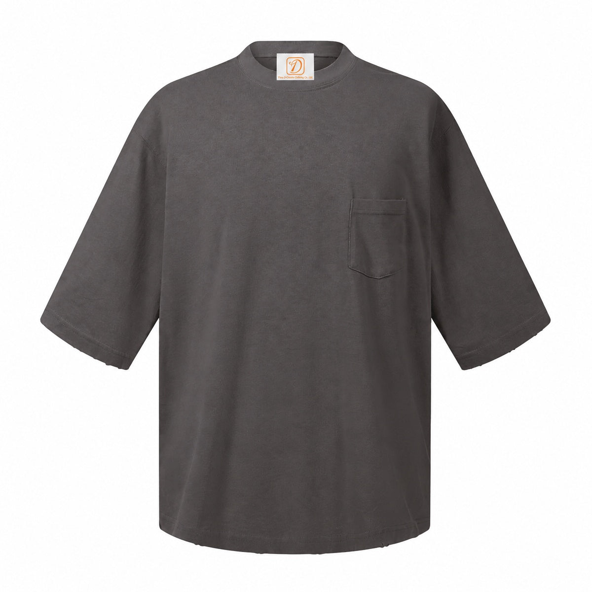 T Shirt 100% Cotton Washing Water Five Quarter Sleeve t Shirt with Frayed Edges and Pocket Short Sleeve for Men Free Sample