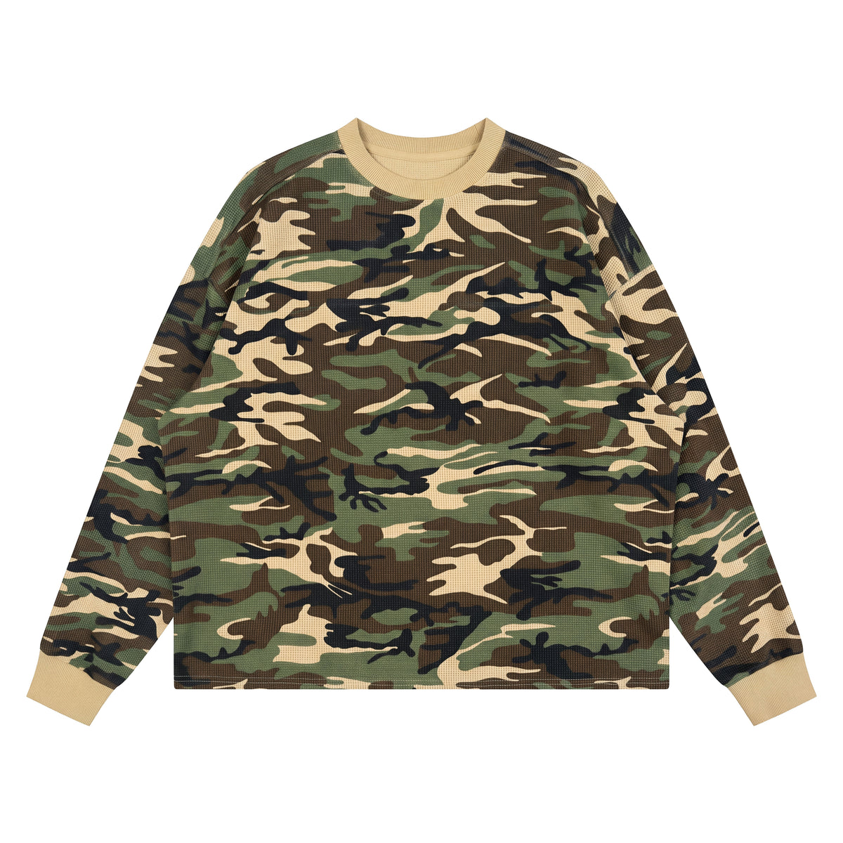 Customized High Quality Camouflage Long Sleeved Textured Waffle Round Neck Loose Fitting Versatile Long Sleeve Shirt Unisex