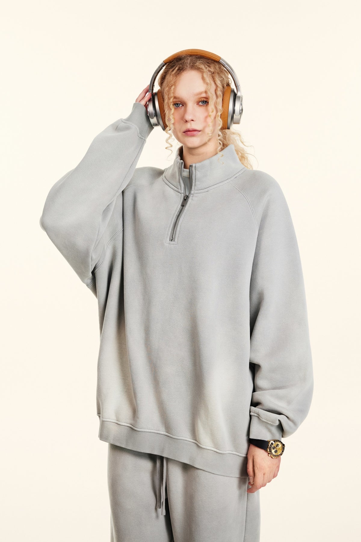 Gradient Printed Horse Like Half Zip Stand up Collar Hoodie with Fleece Lined Hood and Shoulder Sleeve Hoodie Winter Style