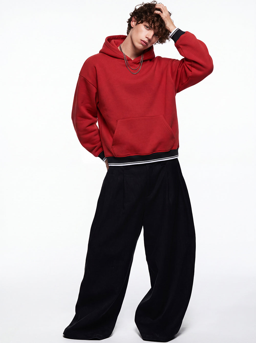 Wholesale Heavyweight Pullover Hoodie Boxy Contrasting Color Ribbed Loose Fleece Hooded Sweatshirt Autumn and Winter Style