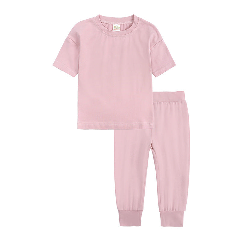 Suit Tshirt 100 Cotton Blanc 7 Color Children Two Piece Short Sleeved T Shirt and Pants Multiple Processes to Choose From Suit