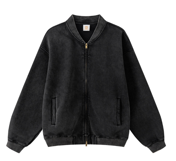 Customized High Quality Fleece Vintage French Terry Acid Wash Heavyweight Black Full Zip up Drop Shoulder Fashion Hoodie