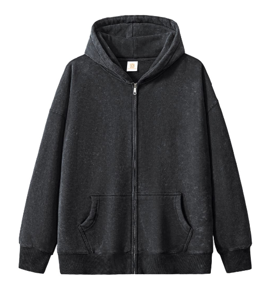 Streetwear Hoodies 360G Polyester/Cotton Unisex High Quality Custom Fleece Acid Wash Zip up Black Wholesale Drop Shoulder Hoodie