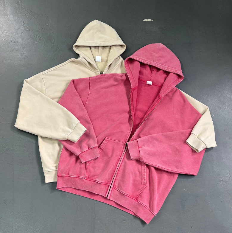 Custom French Terry Acid Wash Full Zip up Heavyweight Vintgae Unisex High Quality Heavy Cotton Sweaters and Hoodies