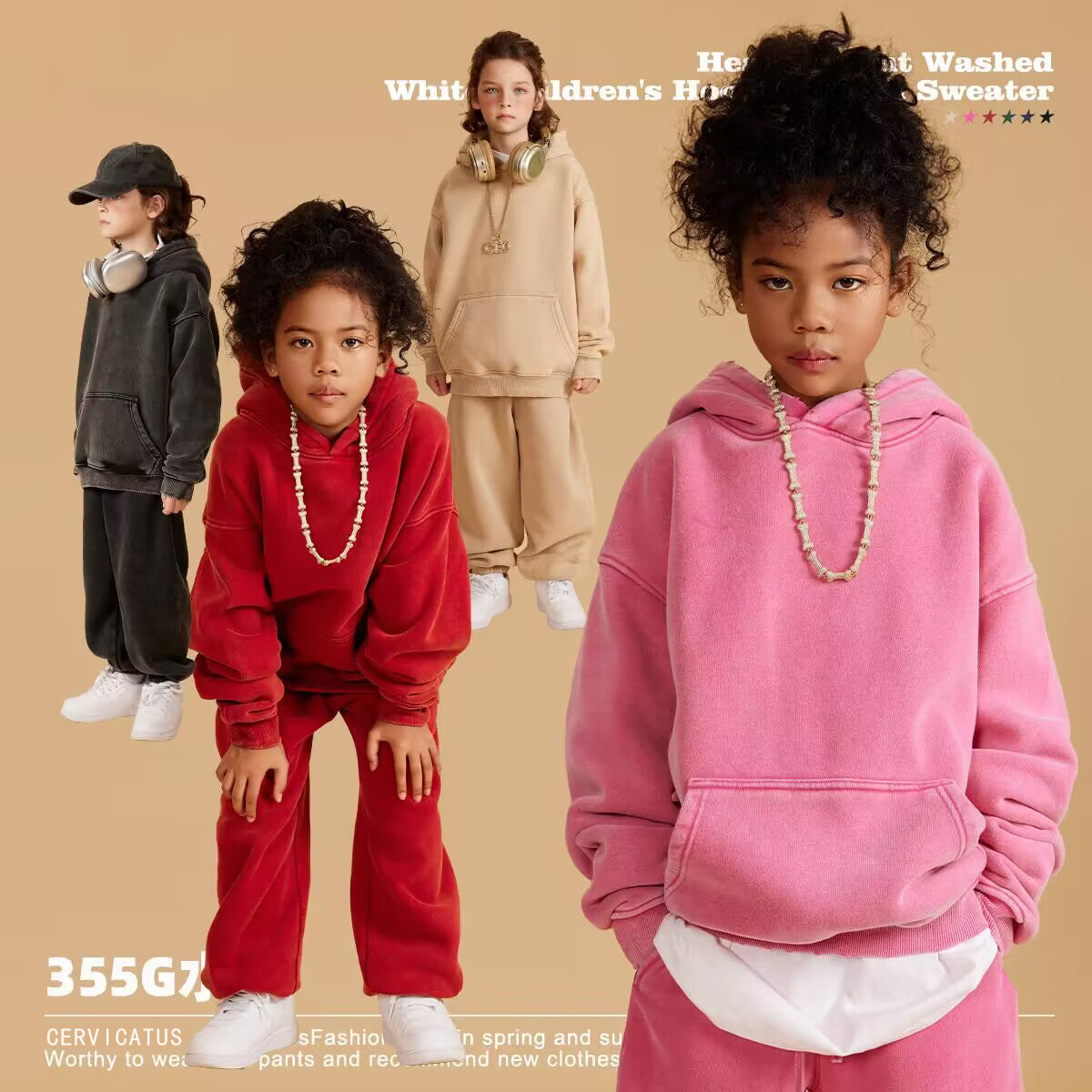 Children's Fleece Heavyweight High Quality Heavy Cotton Washed Sublimation Vintage Pullover  Hoodies Kids