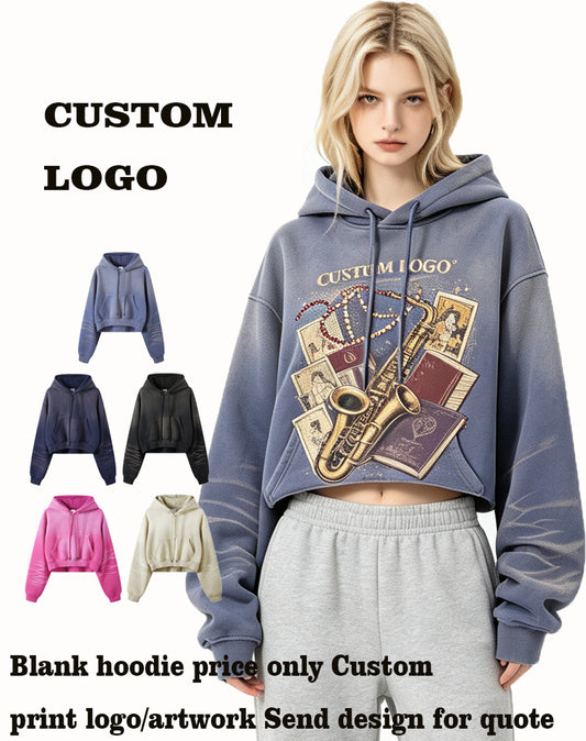 Customized 380gsm 50% Cotton and 50% Polyester5 Color Water Washed Short Sleeved Low Cut Distressed Fleece Gradient Pullover