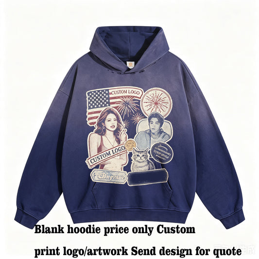 Manufacturer Hoodies 450 Grams Heavyweight Washed Holey Hoodie Customized Puff Printing Plain Hoodies and Free Design Patterns