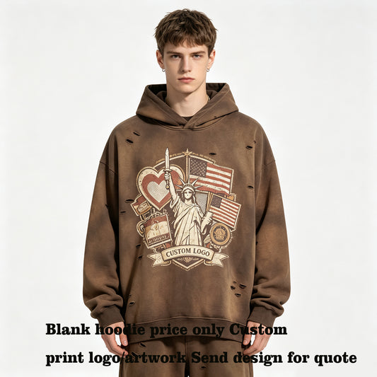 Oem Irregularly Shaped Holes with Frayed Edges Distressed Washed Fabric Cut at the Hem Sweatshirt Winter Fashion Plain Hoodie