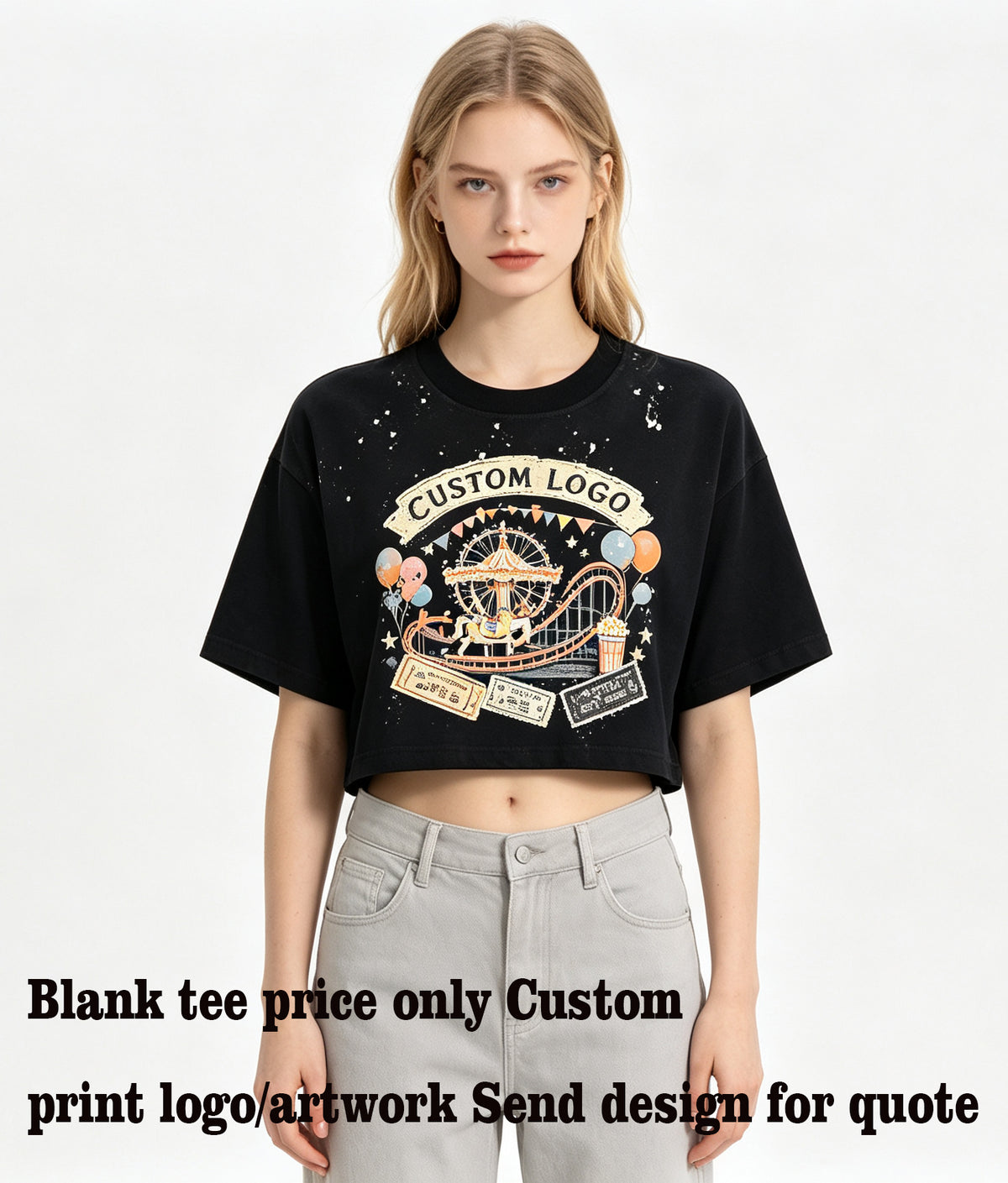4 Color Water Wash Distressed Ink Splashed Cool Girl Short Sleeved T Shirt for European/US Style Dance Wear with Exposed Midriff