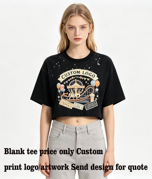 4 Color Water Wash Distressed Ink Splashed Cool Girl Short Sleeved T Shirt for European/US Style Dance Wear with Exposed Midriff