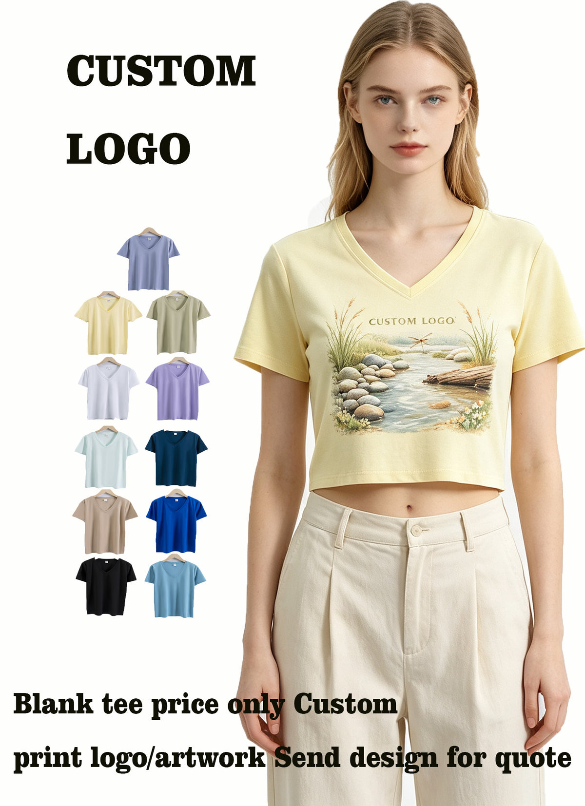 Oem Wholesale 13 Color 80 Count Double Sided Textured Cotton Short Sleeved Women's Summer Loose V-Neck Pure Color t Shirt