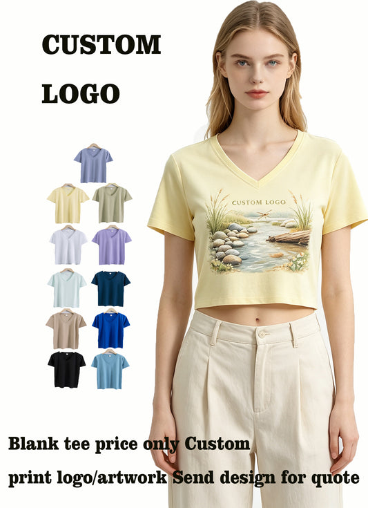 Oem Wholesale 13 Color 80 Count Double Sided Textured Cotton Short Sleeved Women's Summer Loose V-Neck Pure Color t Shirt