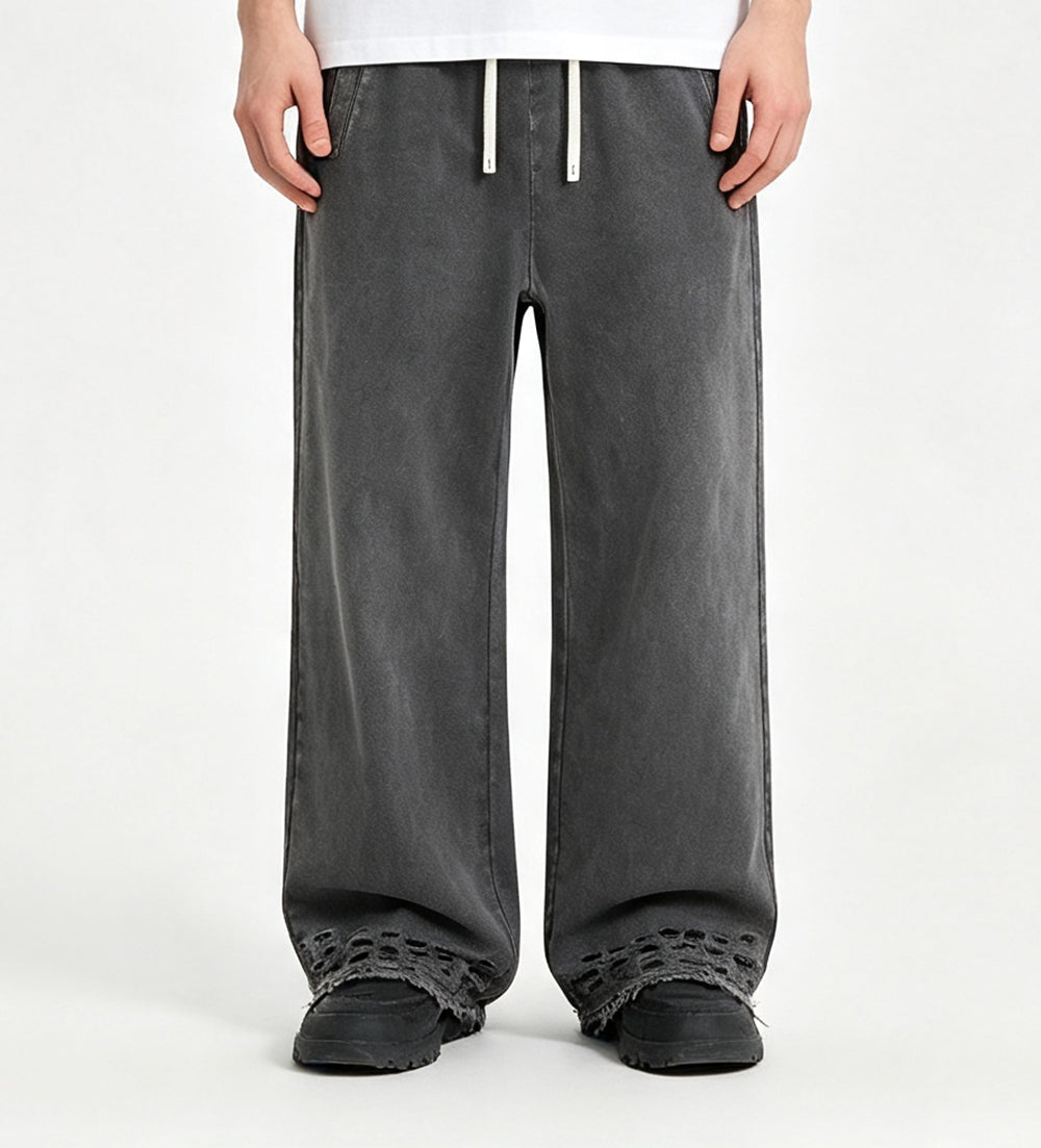 Customized logo 100cotton  Distressed Frayed Edge Cropped High street Loose Straight Pants Fashion Men's High Quality Sweatpants