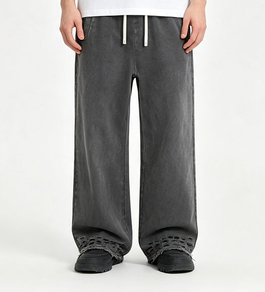 Customized logo 100cotton  Distressed Frayed Edge Cropped High street Loose Straight Pants Fashion Men's High Quality Sweatpants