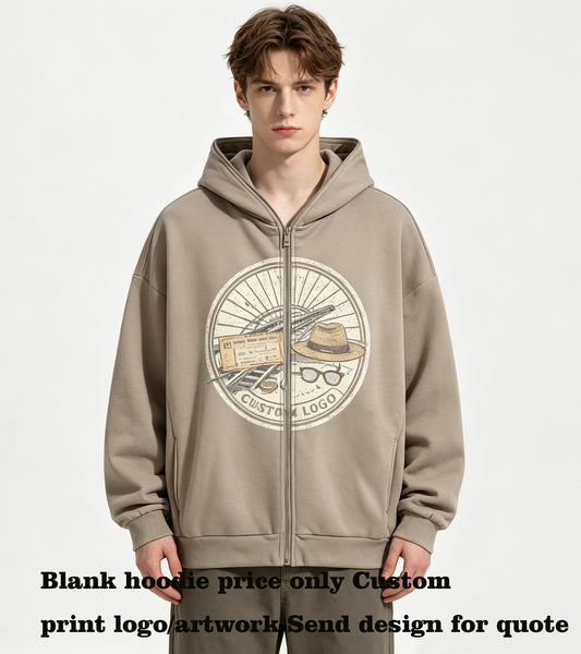 Hoodie for Men Thick Fabric Heavyweight Drop Shoulder Full Zip Hoodie Can Cotton Puff Printing Hoodie Free Sample Hoodie
