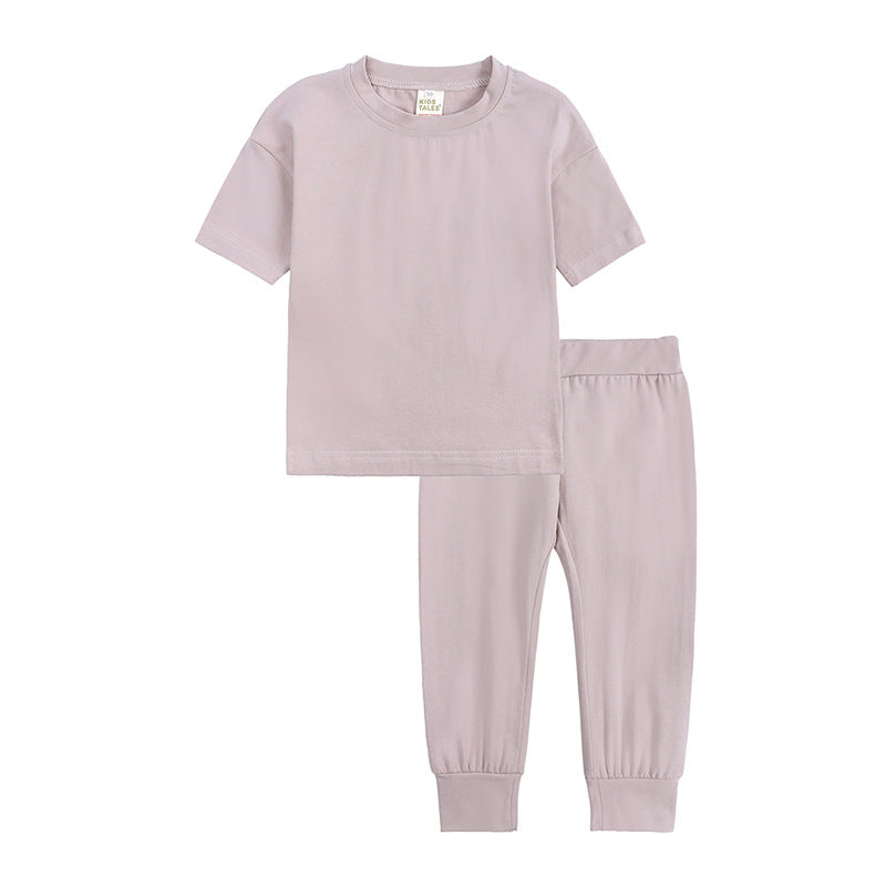 Suit Tshirt 100 Cotton Blanc 7 Color Children Two Piece Short Sleeved T Shirt and Pants Multiple Processes to Choose From Suit