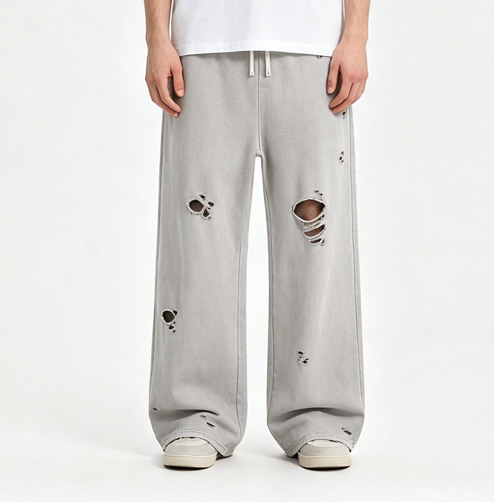 Customized Men's Sweatpants Custom 100% Cotton Dropped Hem Style with Snowflake Wash and Distressed Finish for Long Pants